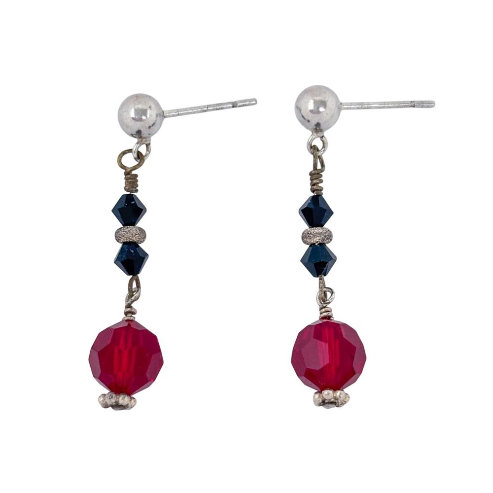 Vintage Sterling Silver 925 Red Crystal Bead Drop Earrings